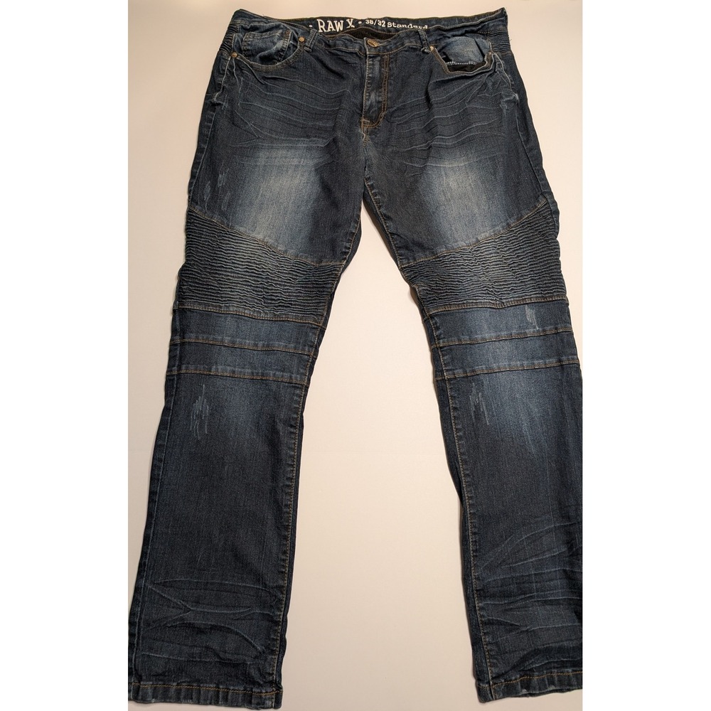 Raw X Mens Moto Biker Jeans Dark Wash Blue Denim Ribbed Panels‎ 38x32 Standard